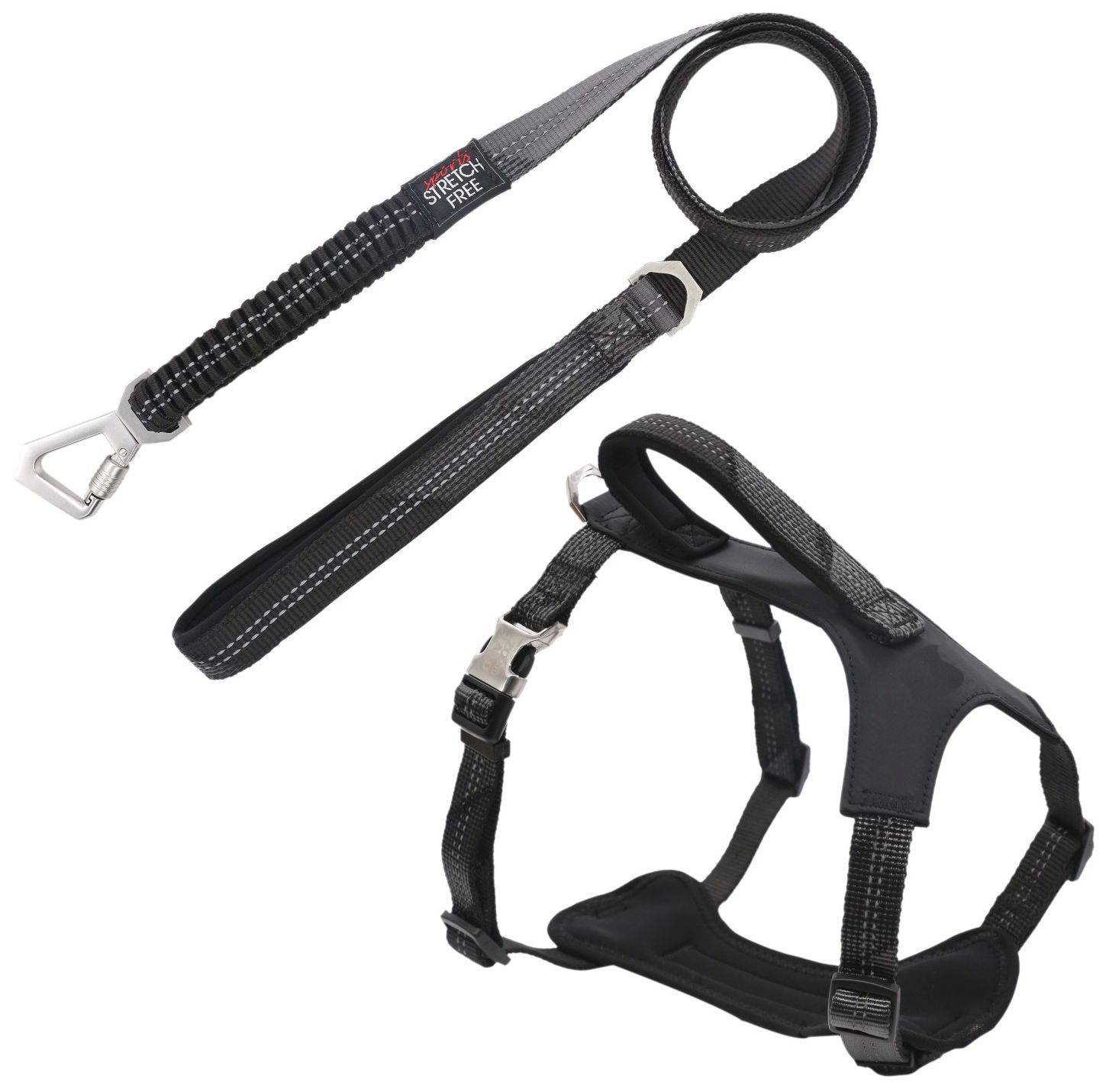 Pet Life ® 'Geo-prene' 2-in-1 Shock Absorbing Neoprene Padded Reflective Dog Leash and Harness Black Small