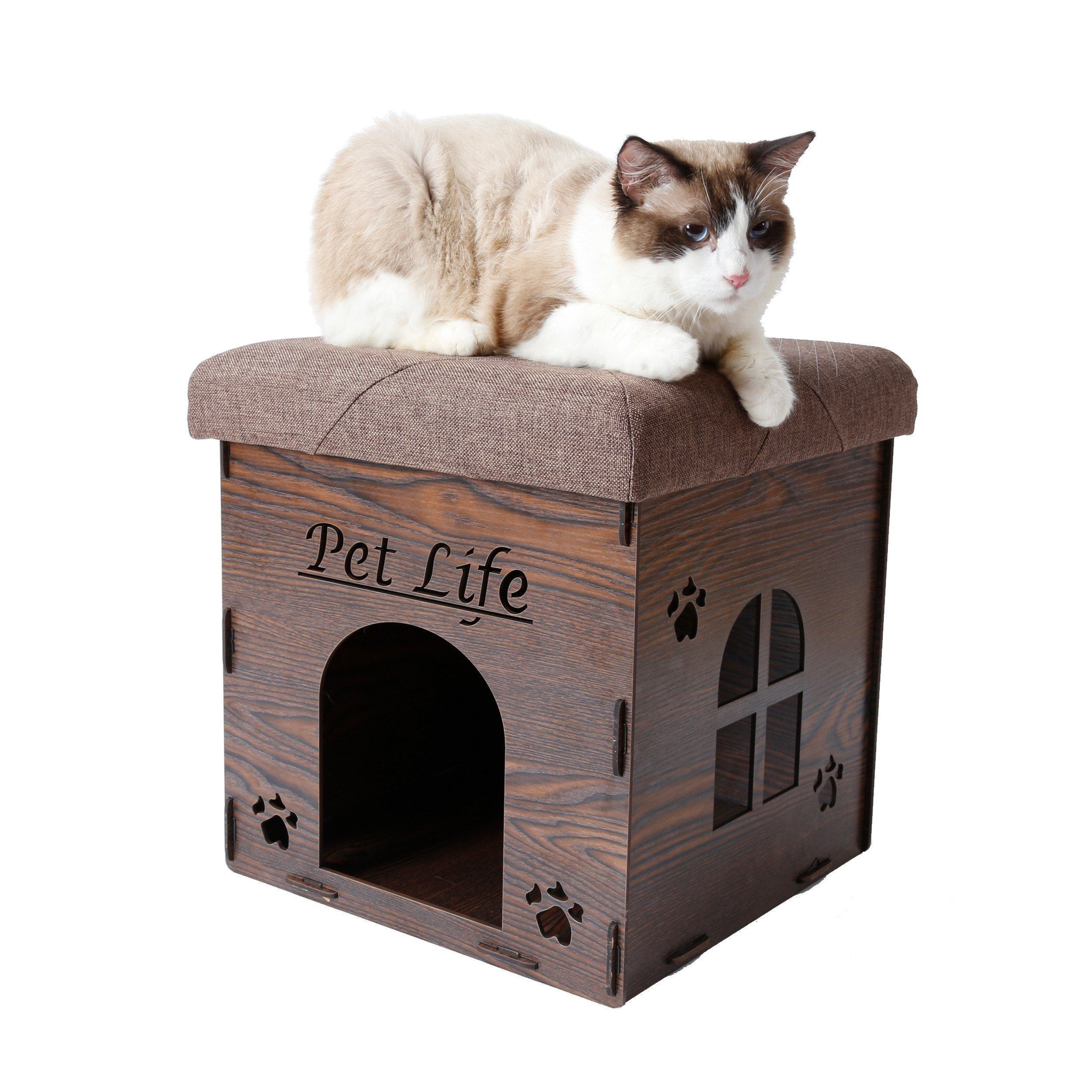 Pet Life ® 'Kitty Kallapse' Collapsible Folding Kitty Cat House Tree Bed Ottoman Bench Furniture Dark Wood 