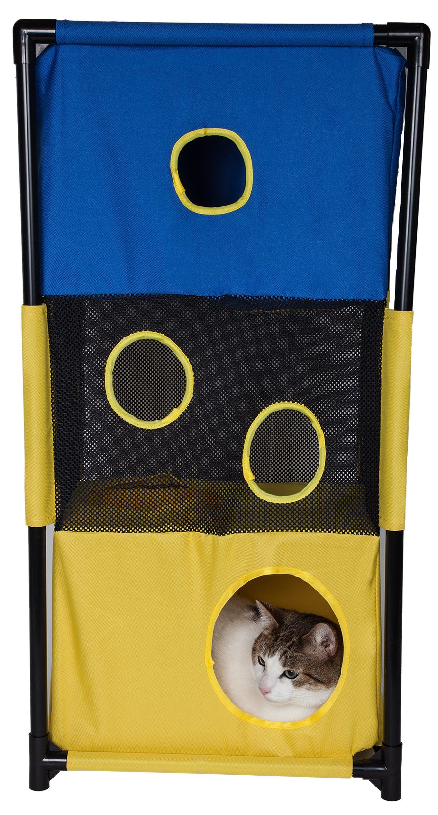 Pet Life ® 'Kitty-Square' Collapsible Travel Interactive Kitty Cat Tree Maze House Lounger Tunnel Lounge Blue, Yellow 