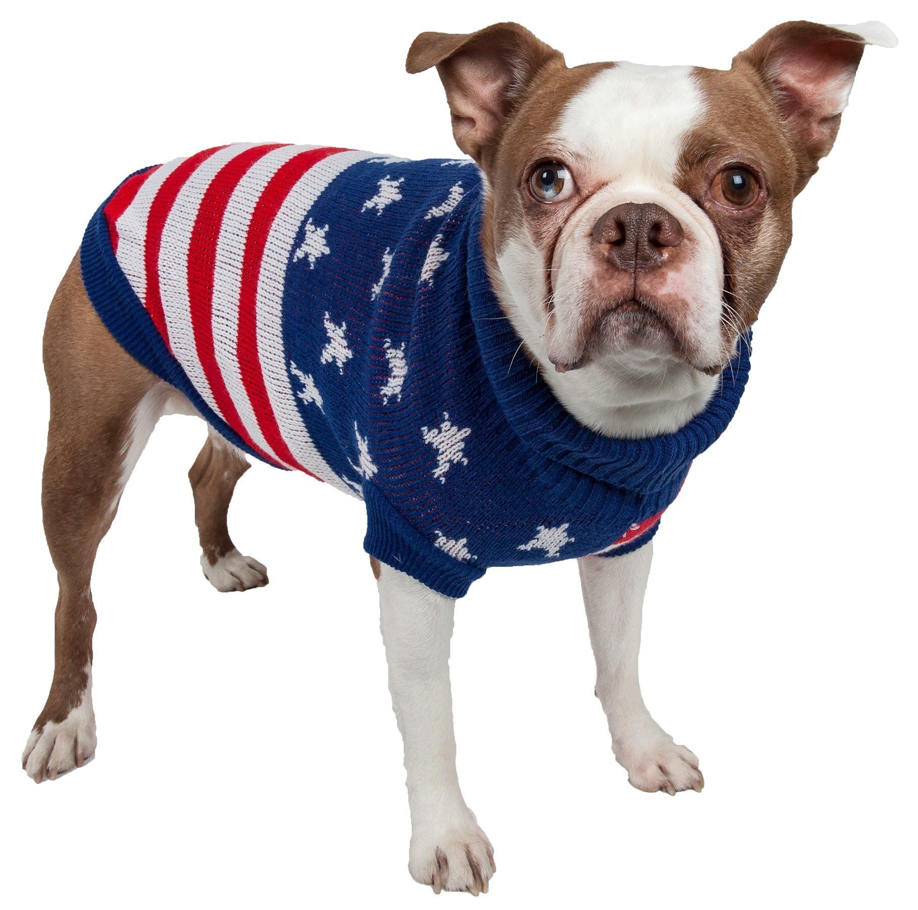 Pet Life ® 'Patriot Independence Star' Heavy Knitted Fashion Ribbed Turtle Neck Dog Sweater X-Small 
