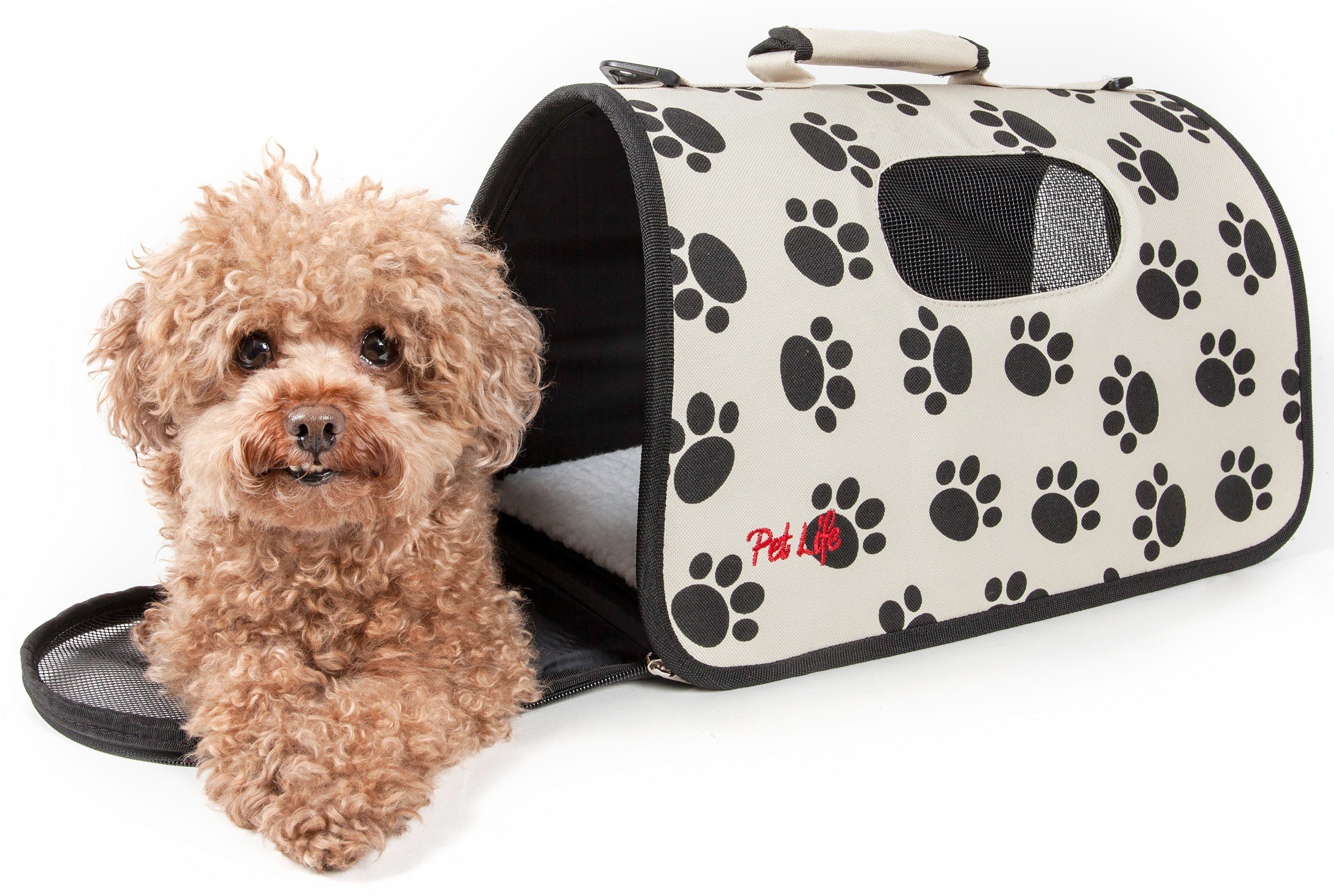 Pet Life ® Paw Patterned Airline Approved Zippered Folding Collapsible Travel Pet Dog Carrier Medium Cream & Black
