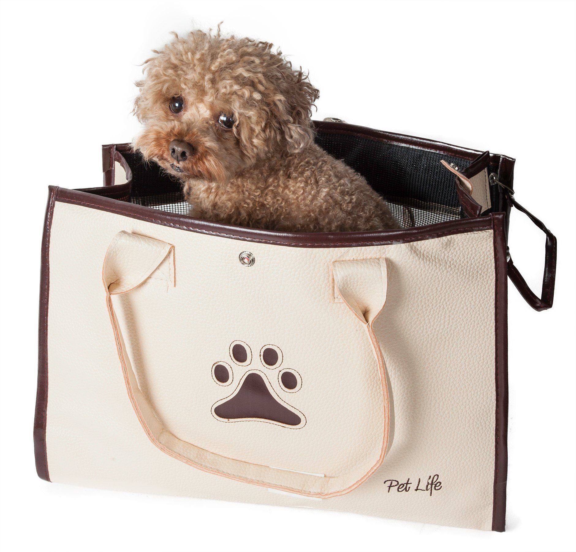 Pet Life ® 'Posh Paw' Elegant Leatherette Designer Fashion Travel Pet Dog Carrier Tote White & Brown 