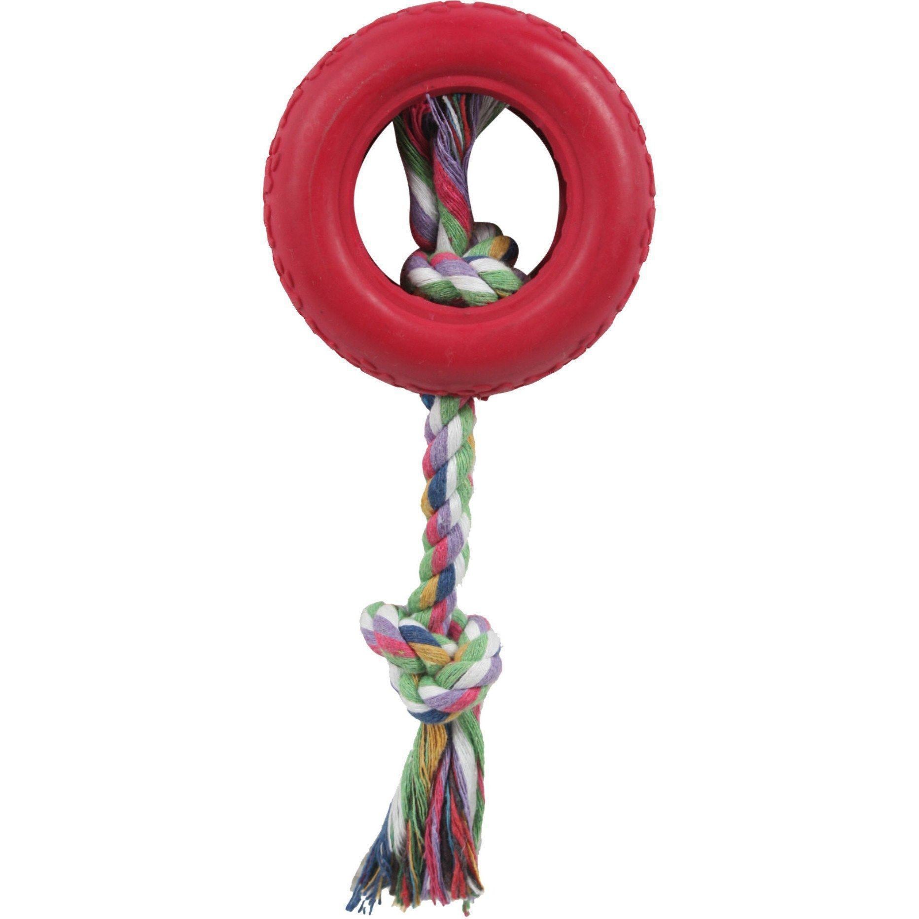 Pet Life ® Rubberized Chew Jute Rope and Tire Pet Dog Toy Red 