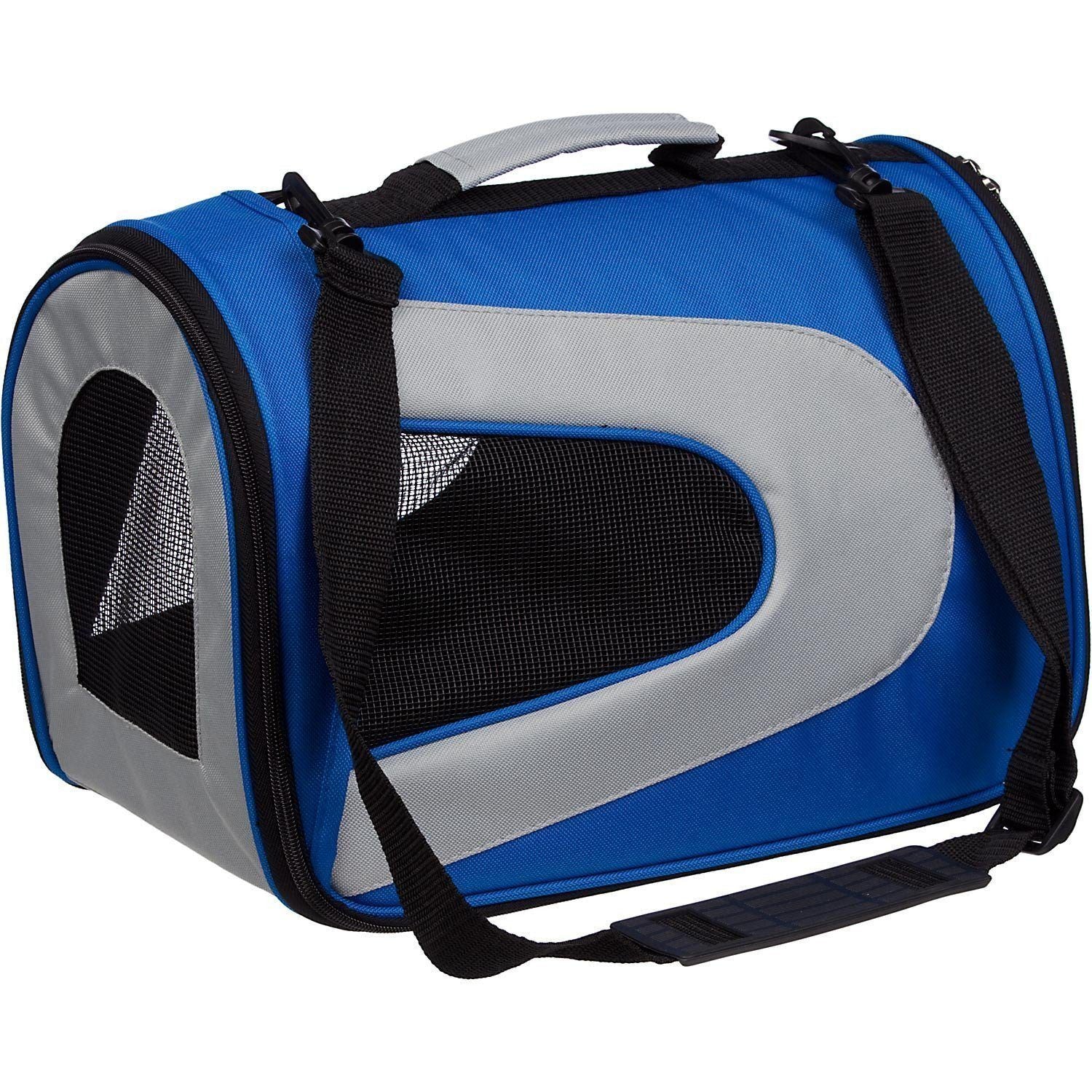 Pet Life ® Sporty Mesh Airline Approved Zippered Folding Collapsible Travel Pet Dog Carrier Medium Blue & Grey