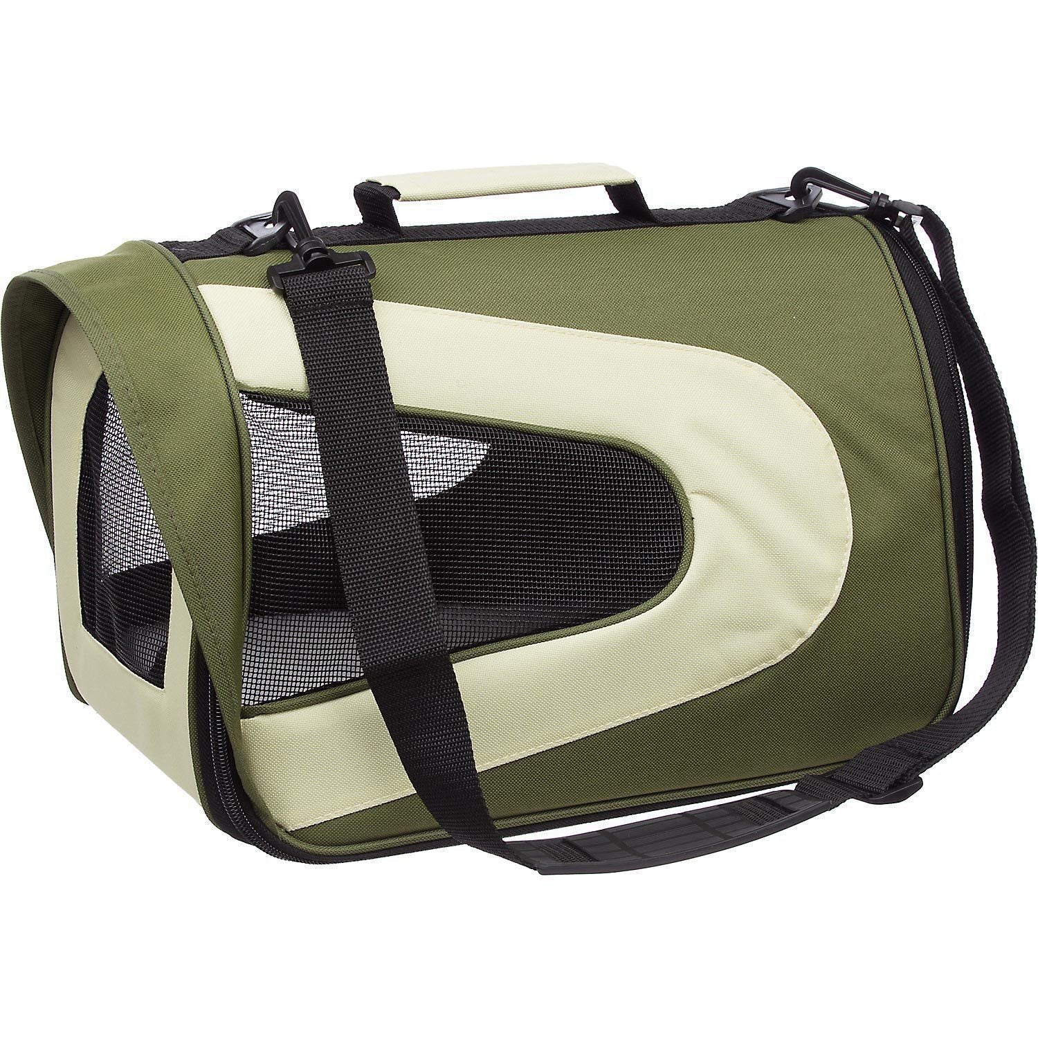 Pet Life ® Sporty Mesh Airline Approved Zippered Folding Collapsible Travel Pet Dog Carrier Medium Green & Khaki