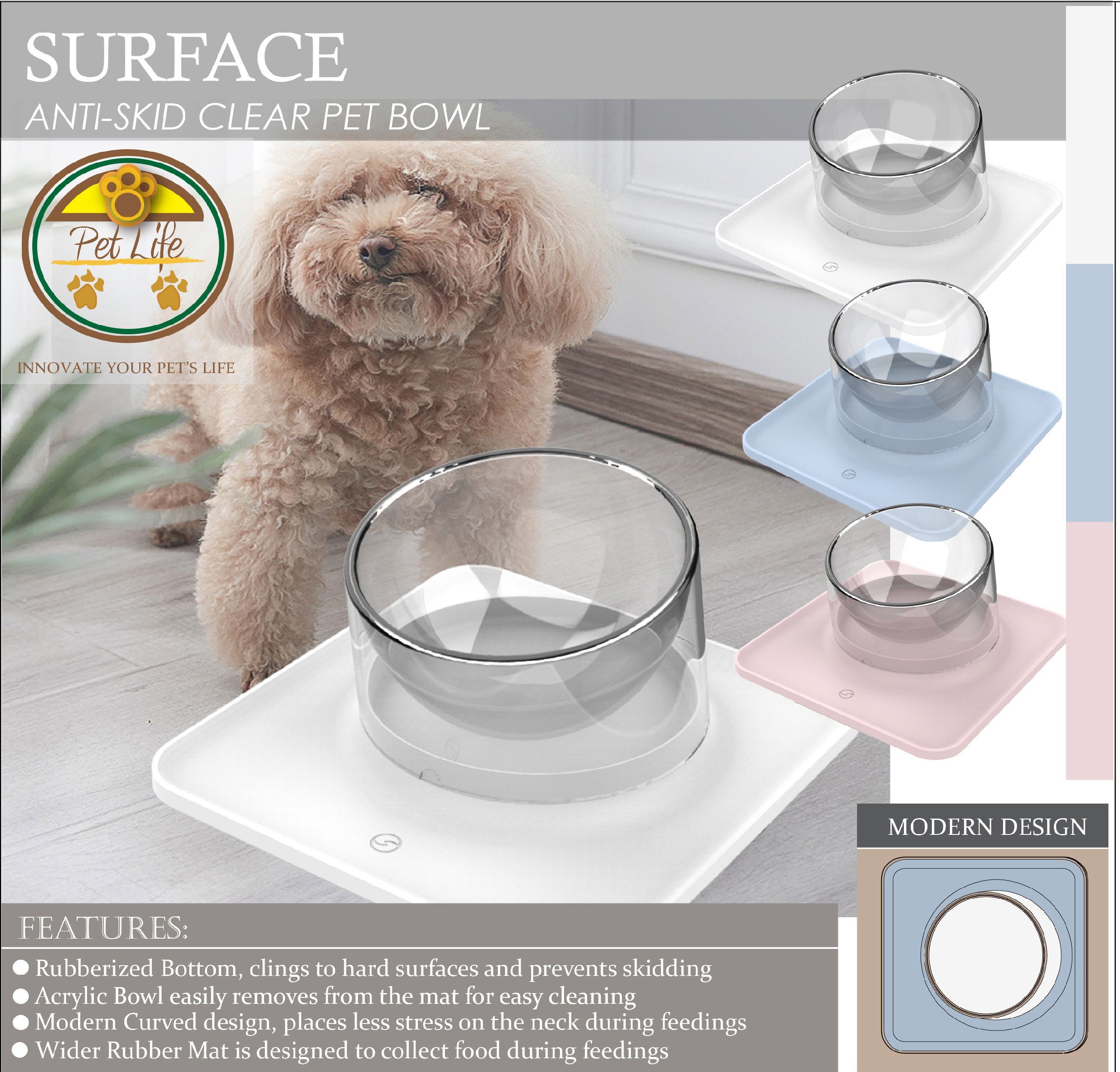 Pet Life ® 'Surface' Anti-Skid and Anti-Spill Curved and Clear Removable Pet Bowl  