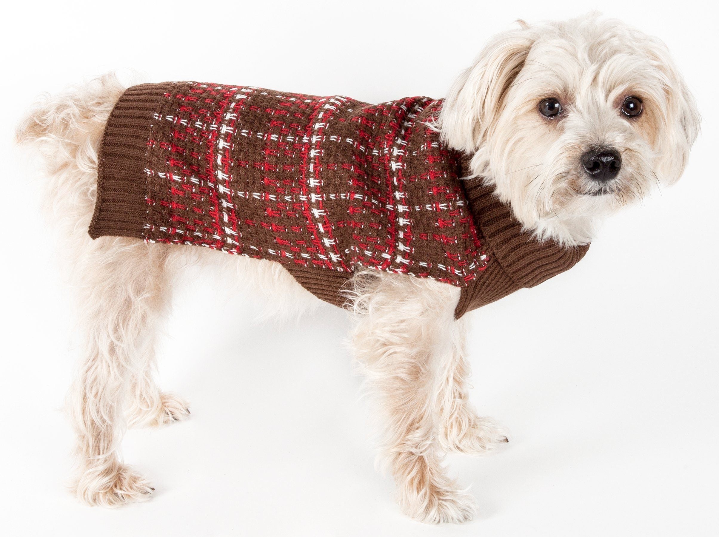 Pet Life ® Vintage Symphony Static Fashion Knitted Designer Dog Sweater X-Small Mud Brown, Red And White