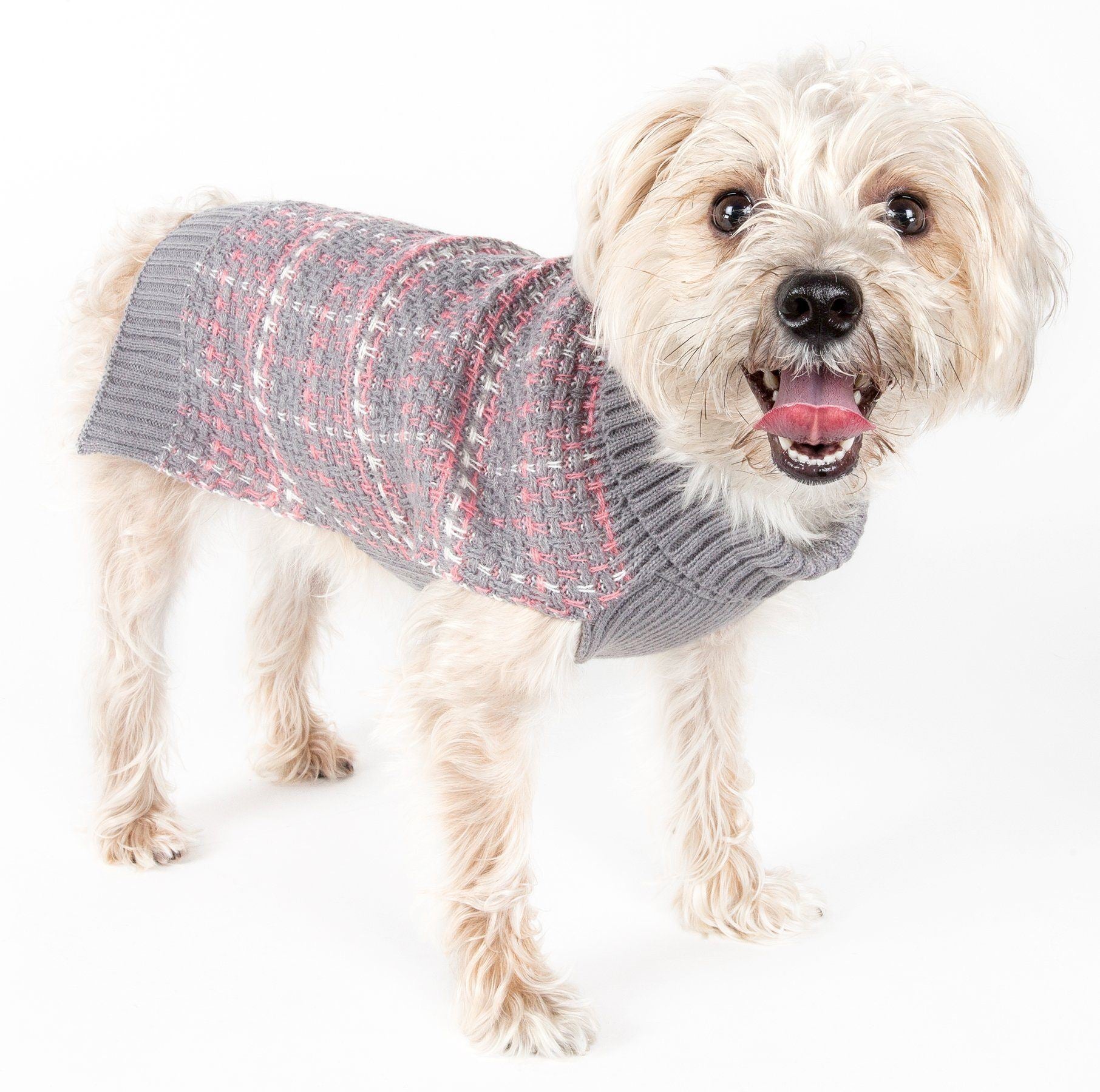 Pet Life ® Vintage Symphony Static Fashion Knitted Designer Dog Sweater X-Small Grey, Pink And White