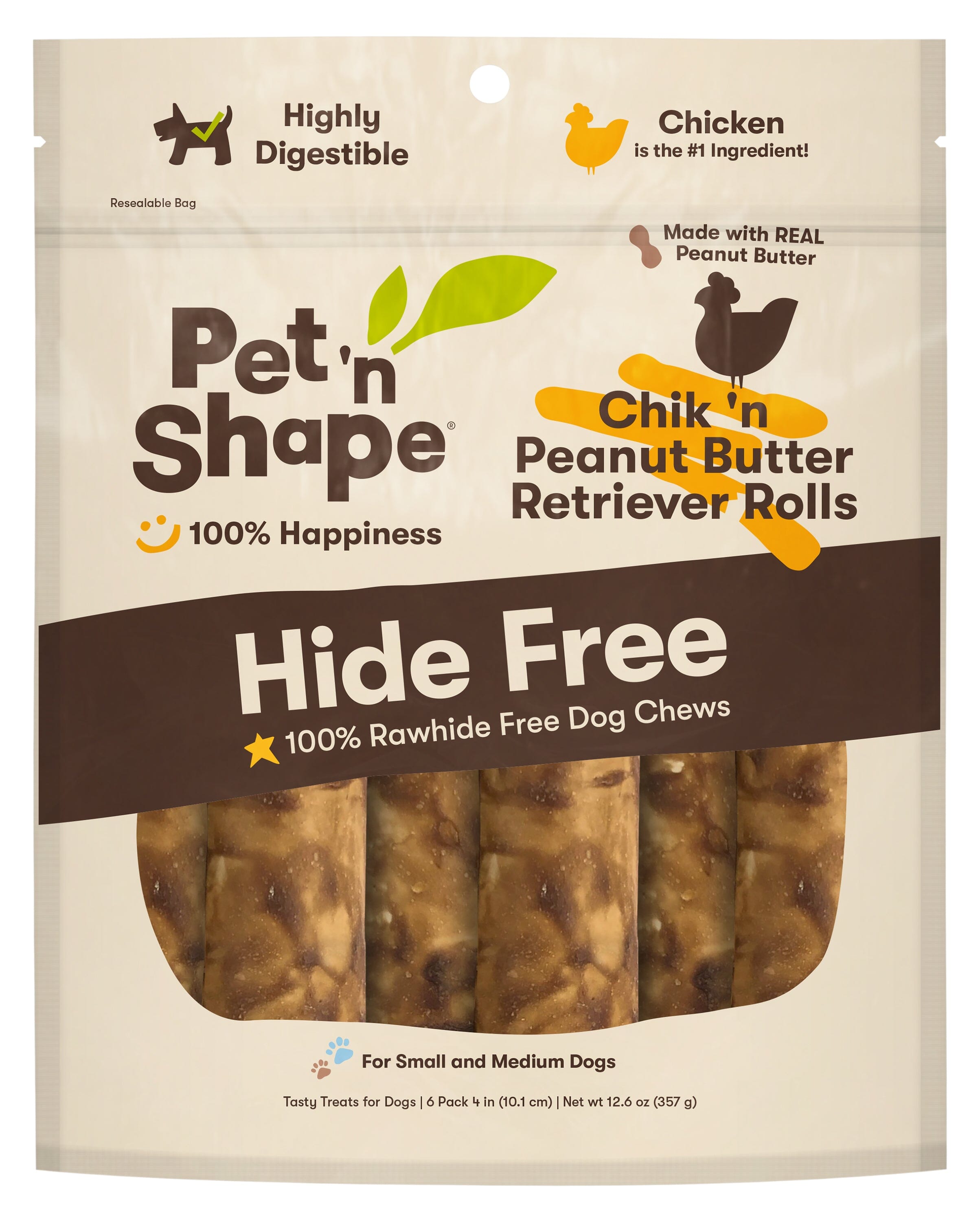 Pet 'N Shape Chik 'N Peanut Butter Retriever Roll Hide-Free Dog Treat - 4 in - 6 Count  