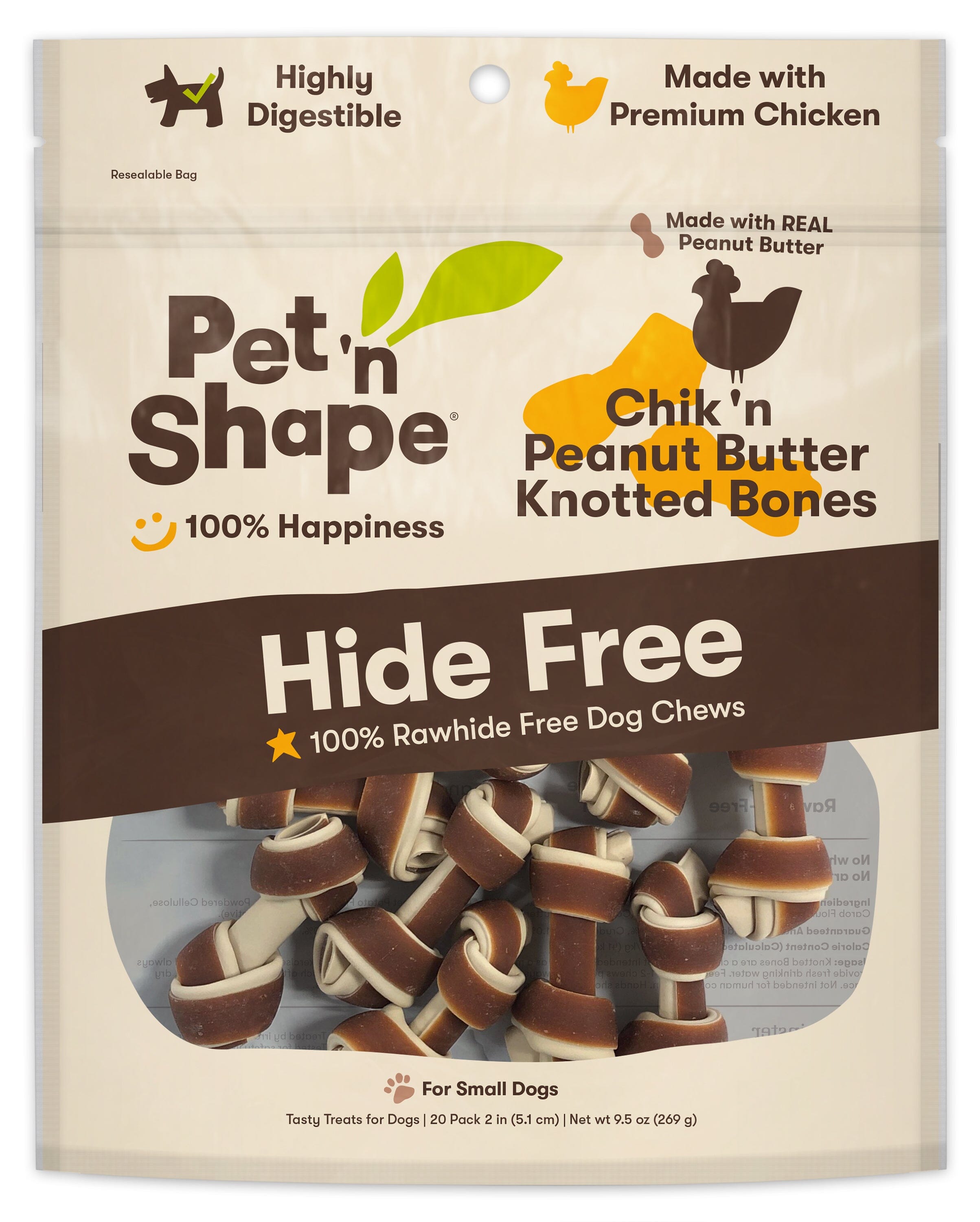 Pet 'N Shape Chik'n Peanut Butter Knotted Bones Hide-Free Dog Treat - 20 Count  