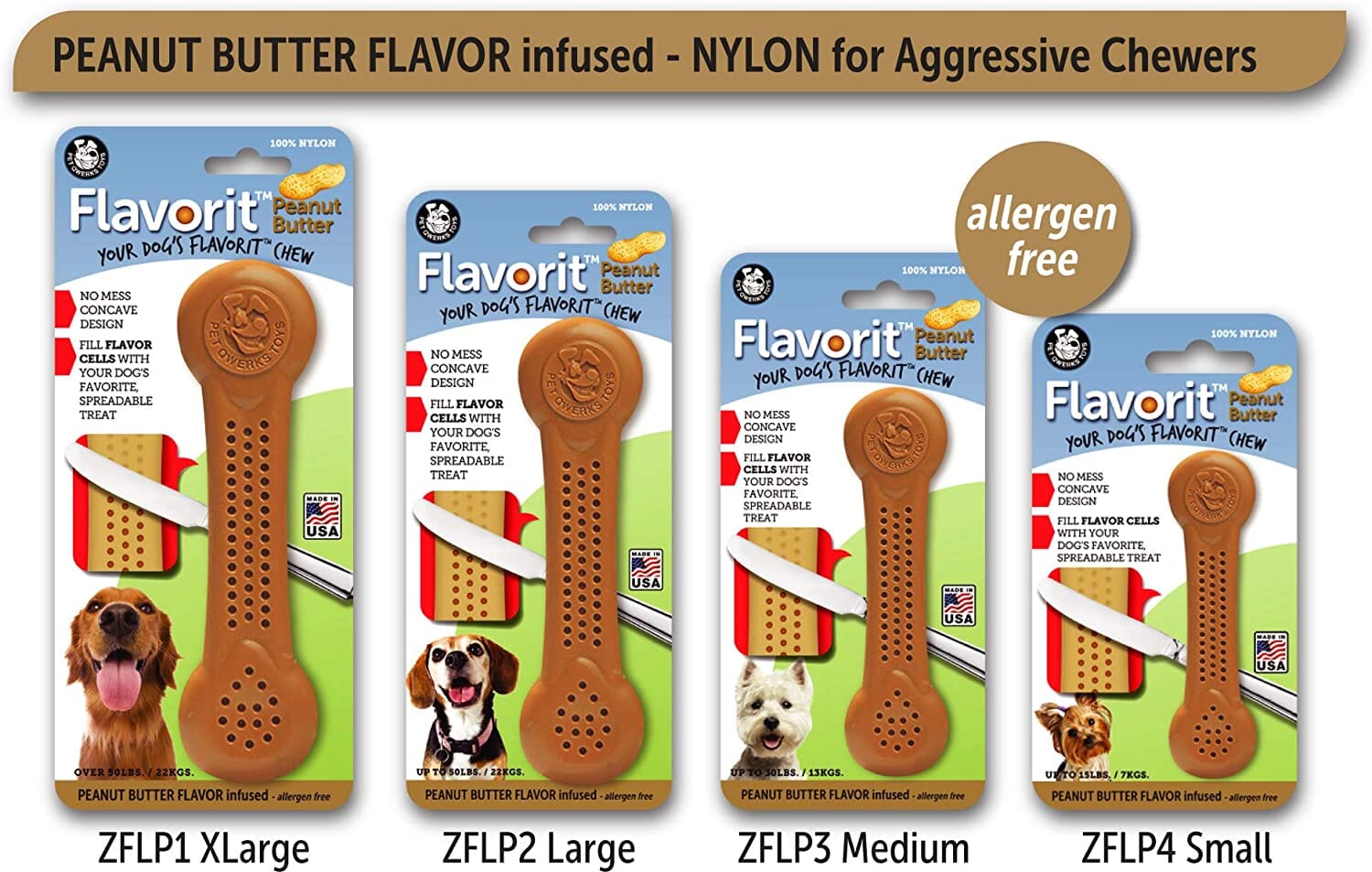 Pet Qwerks Made-in-the-USA Peanut Butter Nylon Bone for Aggressive Chewers - Medium  