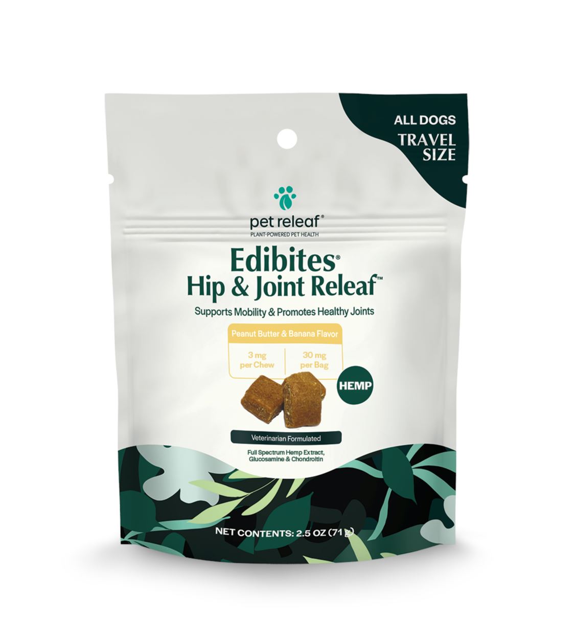 Pet Releaf Edibites Travel Size Peanut Butter/Banana Hip & Joint Hardchew Dog Treats - 2.5 oz Bag  