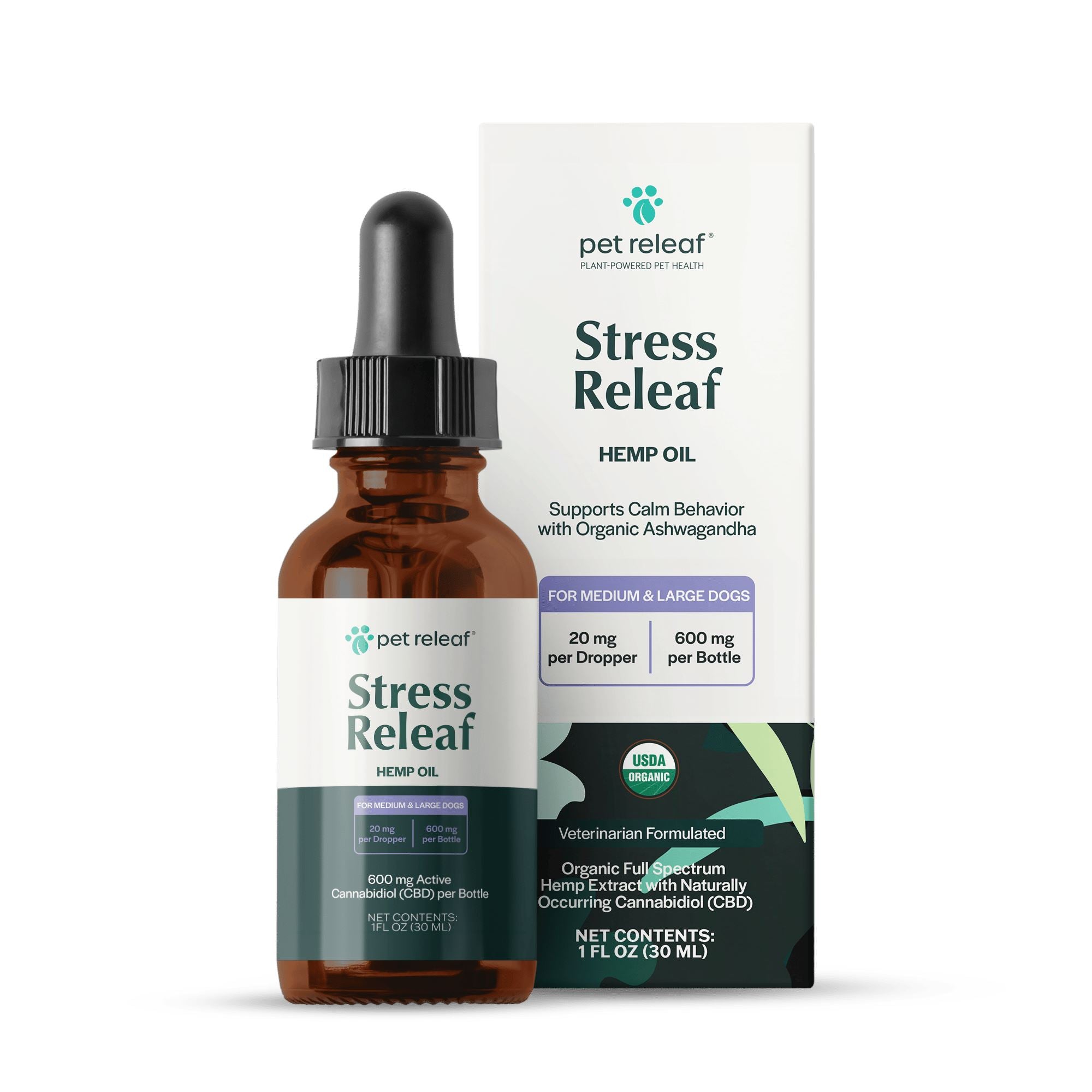 Pet Releaf Stress Releaf Organic 600 mg Hemp Oil Dog Supplements - 1 Oz Bottle  