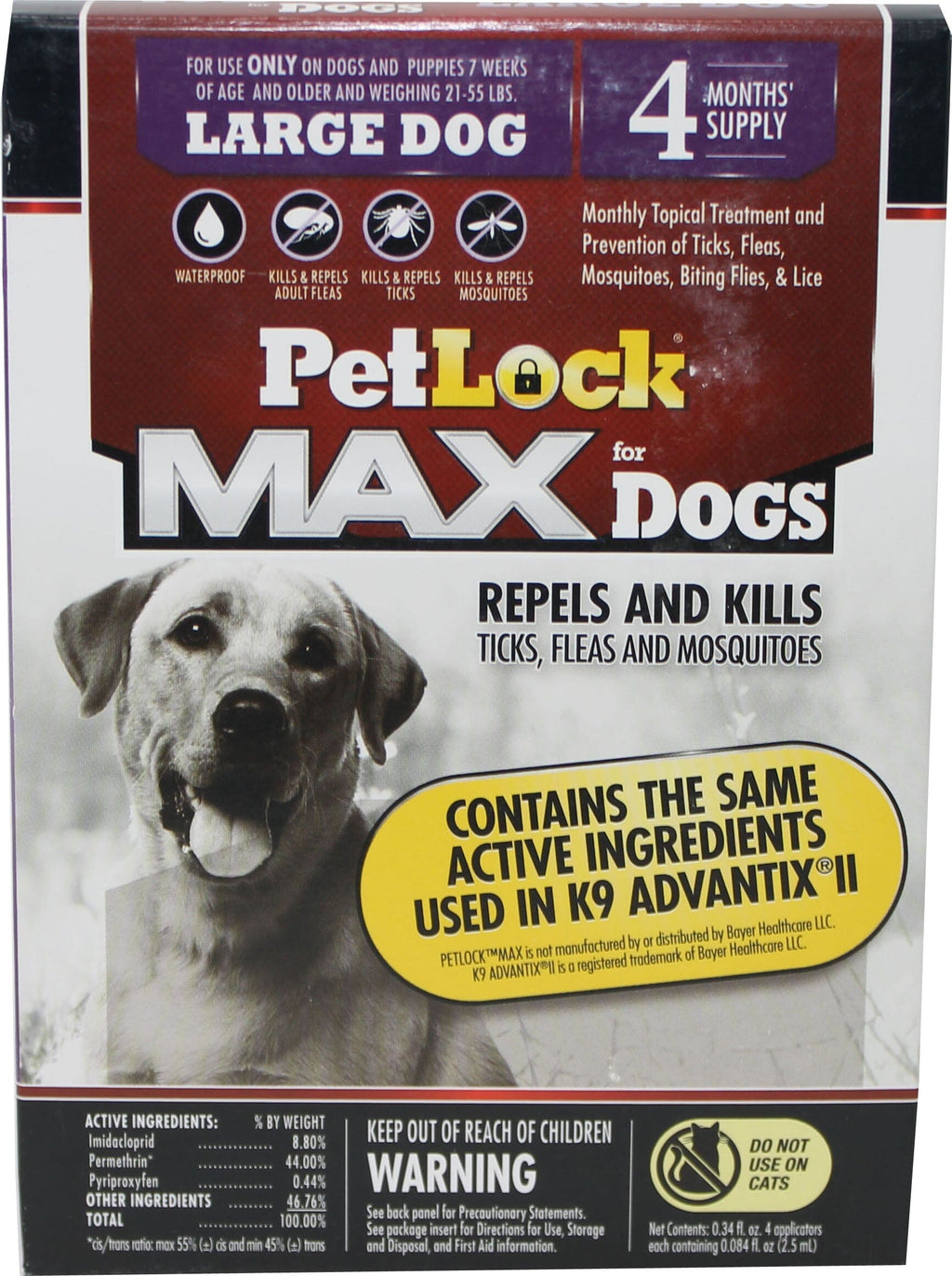 Petlock Max Flea & Tick Control for Dogs - 21 - 55 Lbs - 4 Pack  