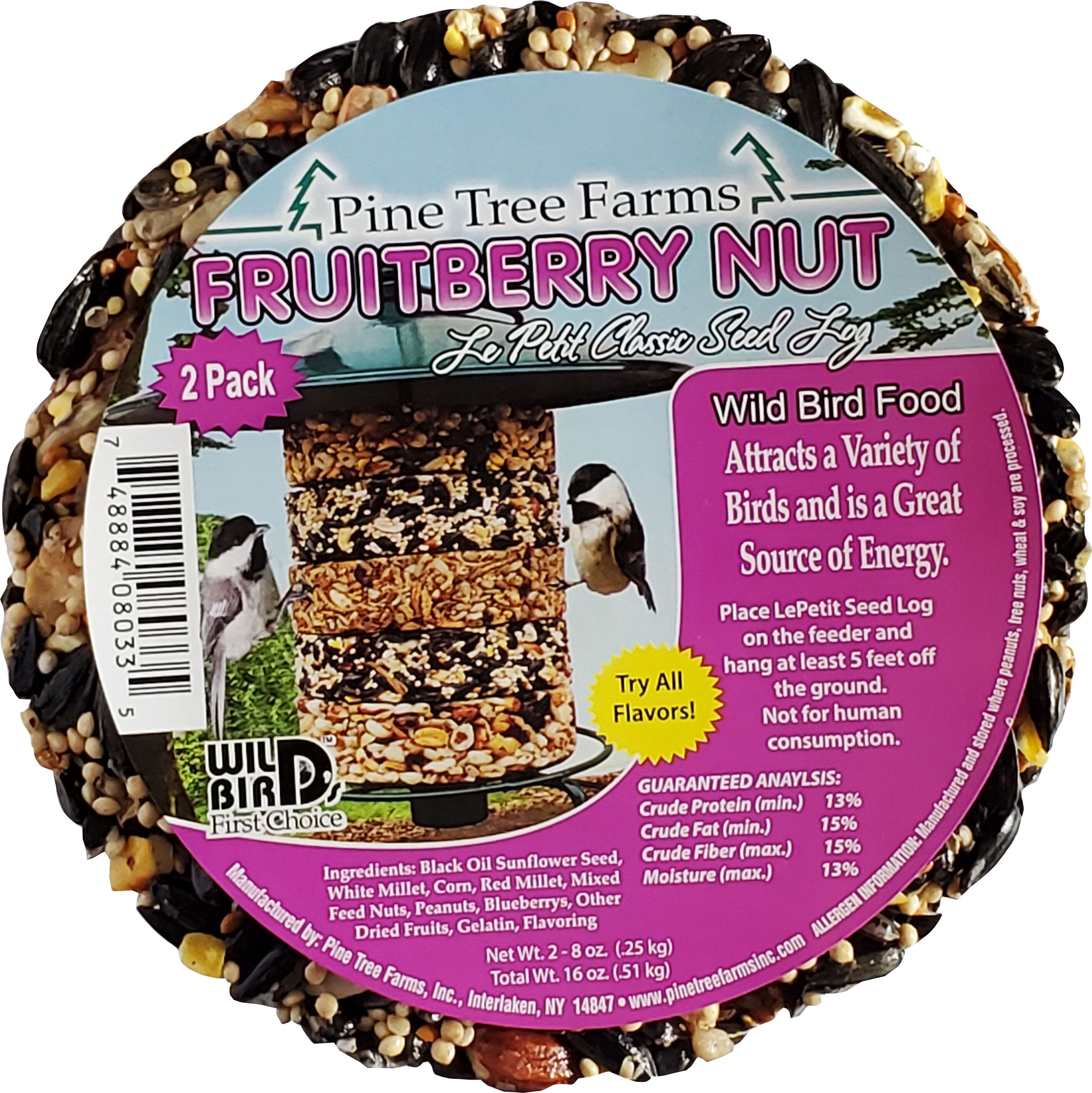 Pine Tree Farms Lepetit Classic Seed Log Wild Bird Food - Fruitberry Nut - 8 Oz - 2 Pack  