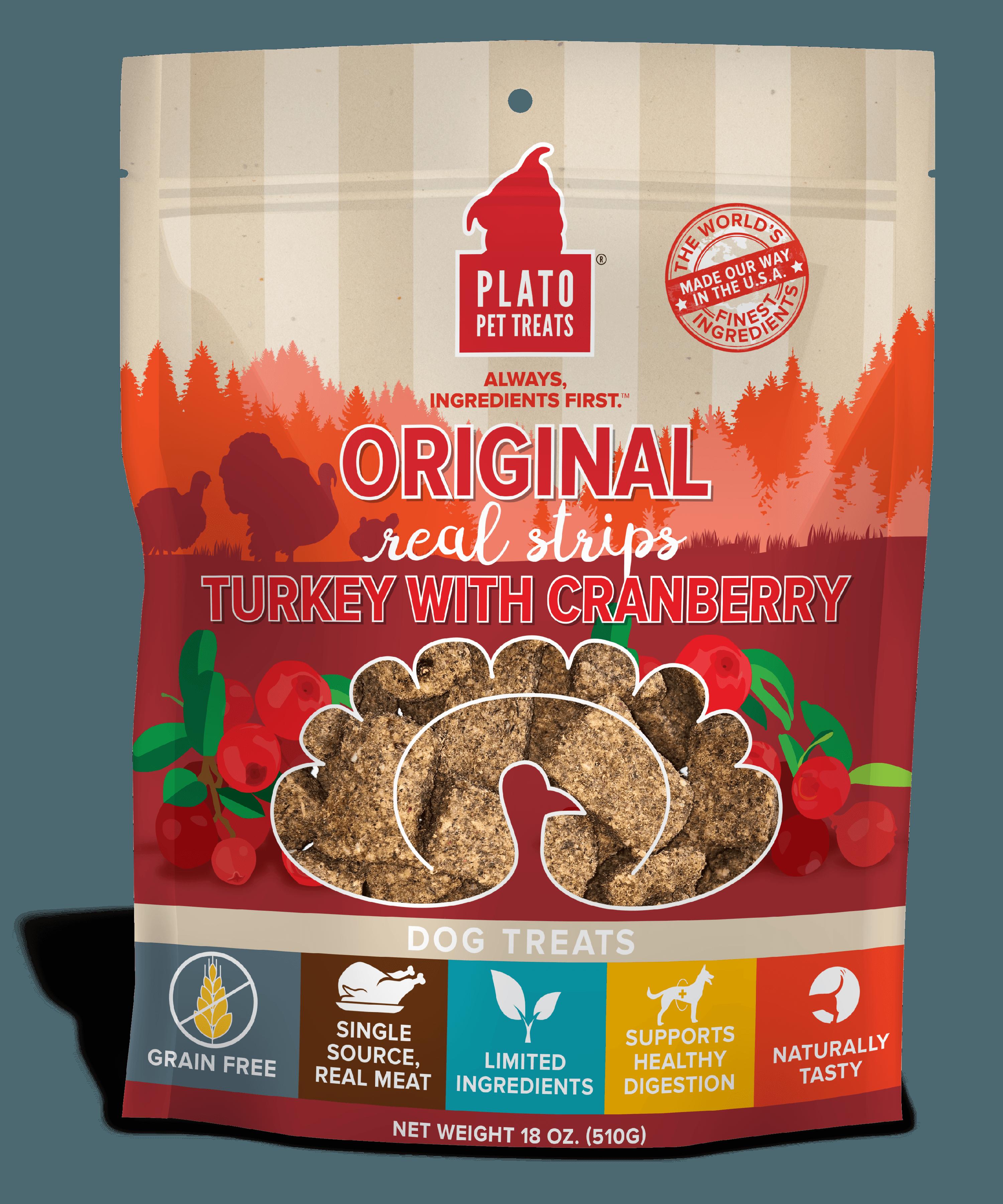 Plato Pet Treats Grain-Free Original Real Strips Turkey & Cranberry Soft and Chewy Dog Treats - 18 oz Bag  