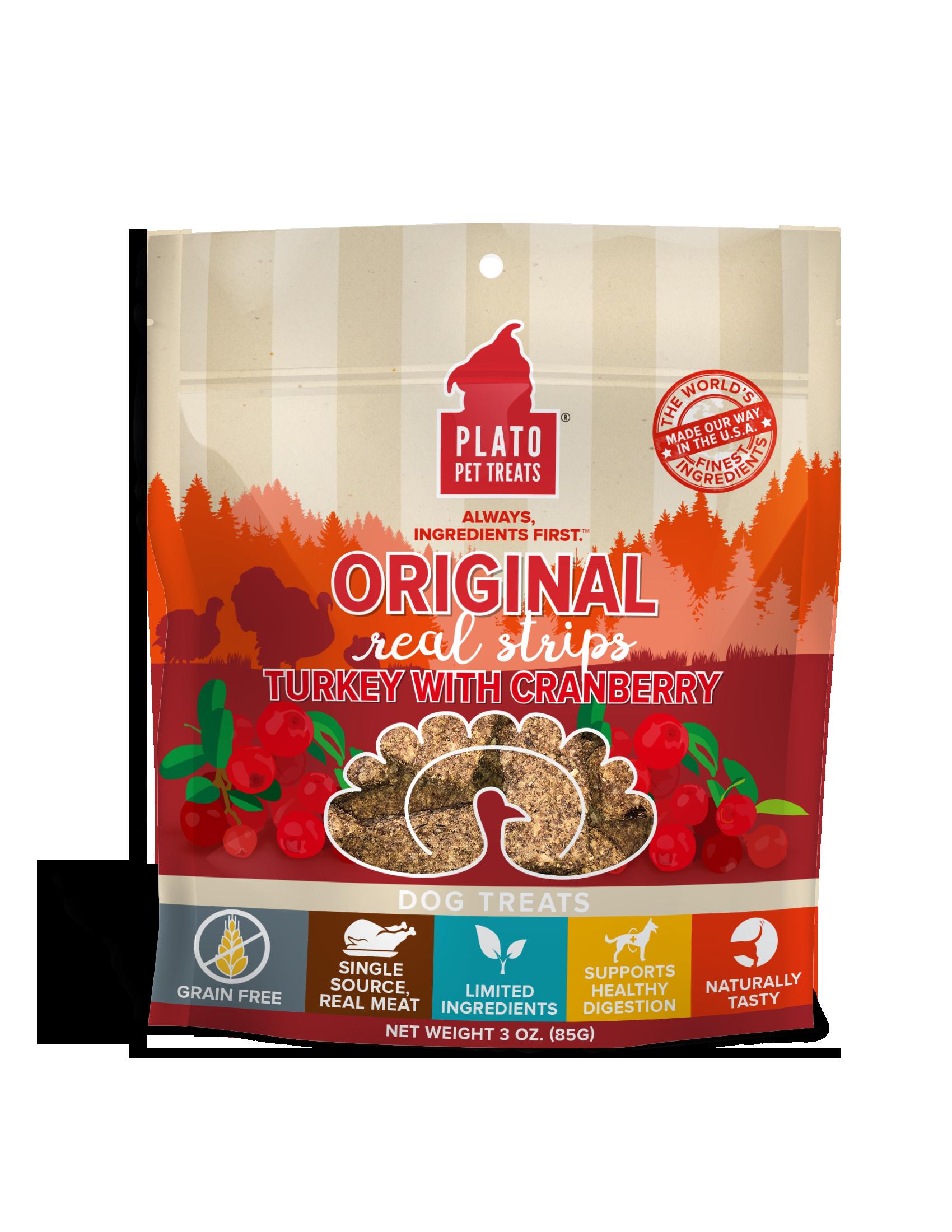 Plato Pet Treats Grain-Free Original Real Strips Turkey & Cranberry Soft and Chewy Dog Treats - 3 oz Bag  
