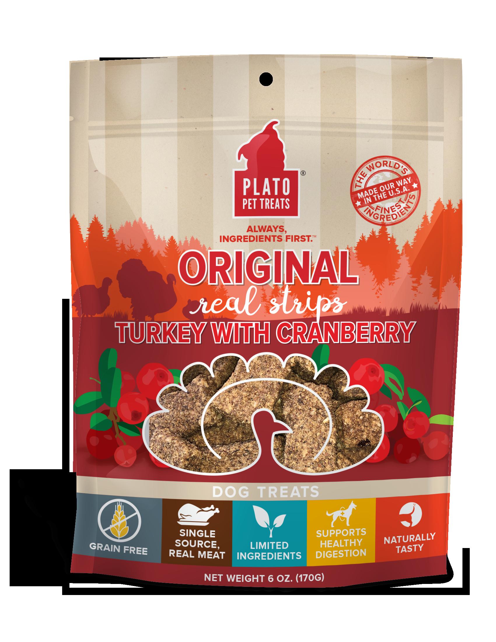 Plato Pet Treats Grain-Free Original Real Strips Turkey & Cranberry Soft and Chewy Dog Treats - 6 oz Bag  