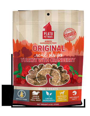 Plato Pet Treats Grain-Free Original Real Strips Turkey & Cranberry Soft and Chewy Dog ...