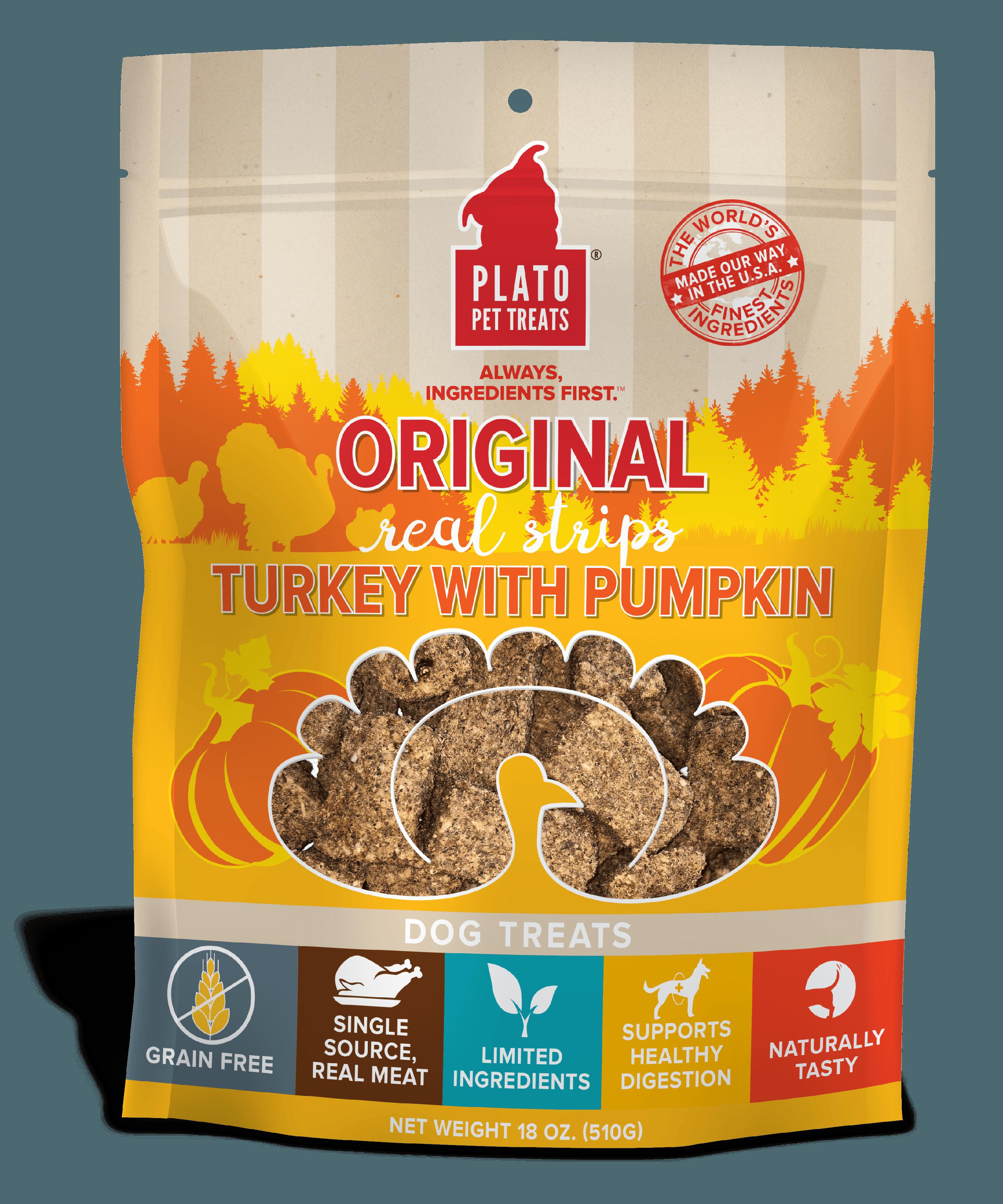 Plato Pet Treats Grain-Free Original Real Strips Turkey & Pumpkin Soft and Chewy Dog Treats - 18 oz Bag  