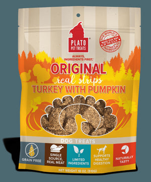 Plato Pet Treats Grain-Free Original Real Strips Turkey & Pumpkin Soft and Chewy Dog Tr...