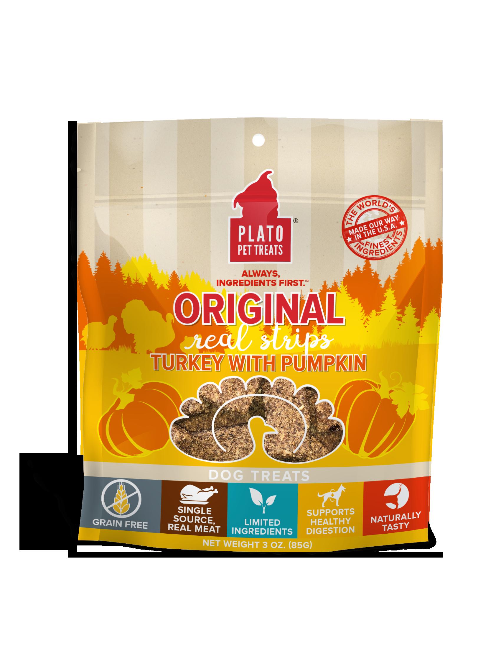 Plato Pet Treats Grain-Free Original Real Strips Turkey & Pumpkin Soft and Chewy Dog Treats - 3 oz Bag  