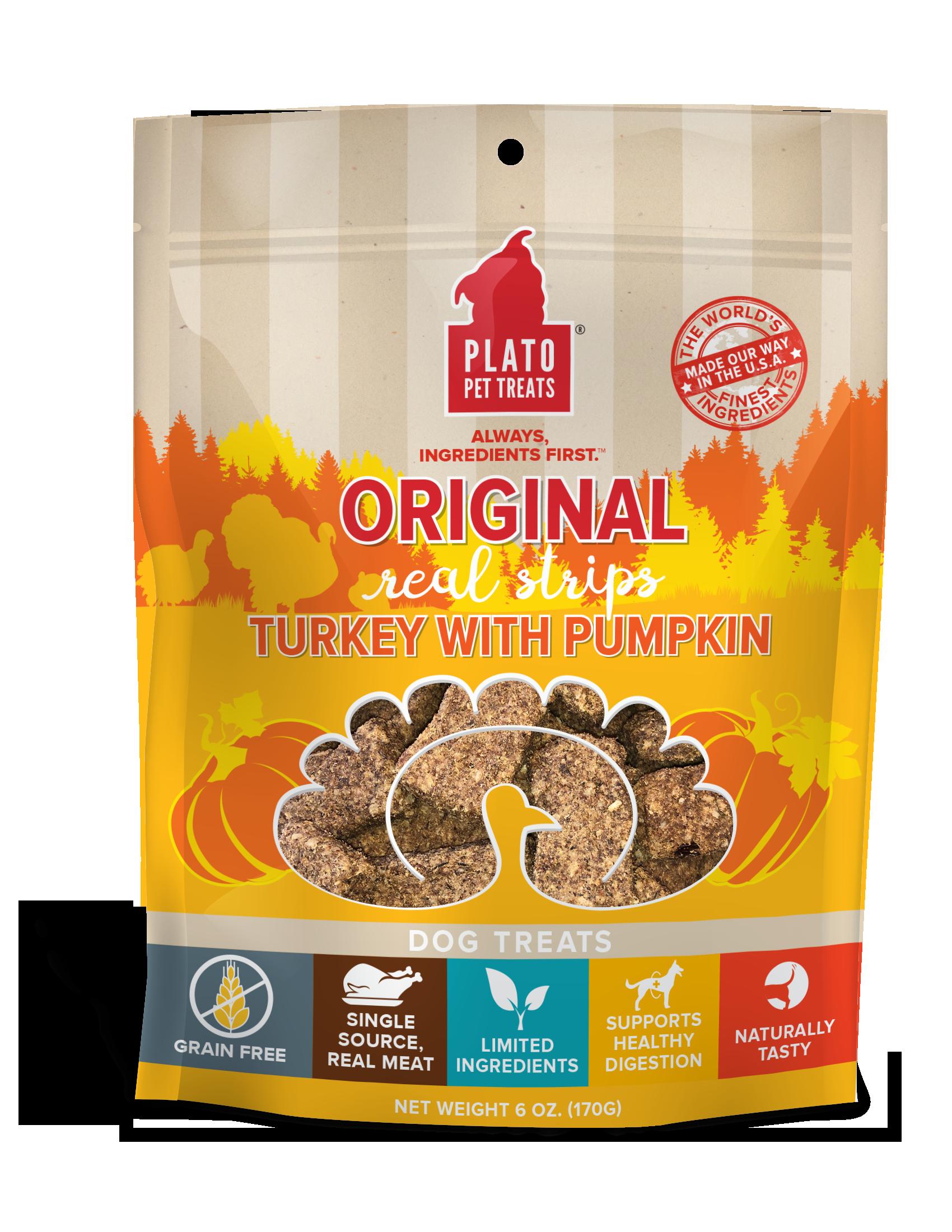 Plato Pet Treats Grain-Free Original Real Strips Turkey & Pumpkin Soft and Chewy Dog Treats - 6 oz Bag  