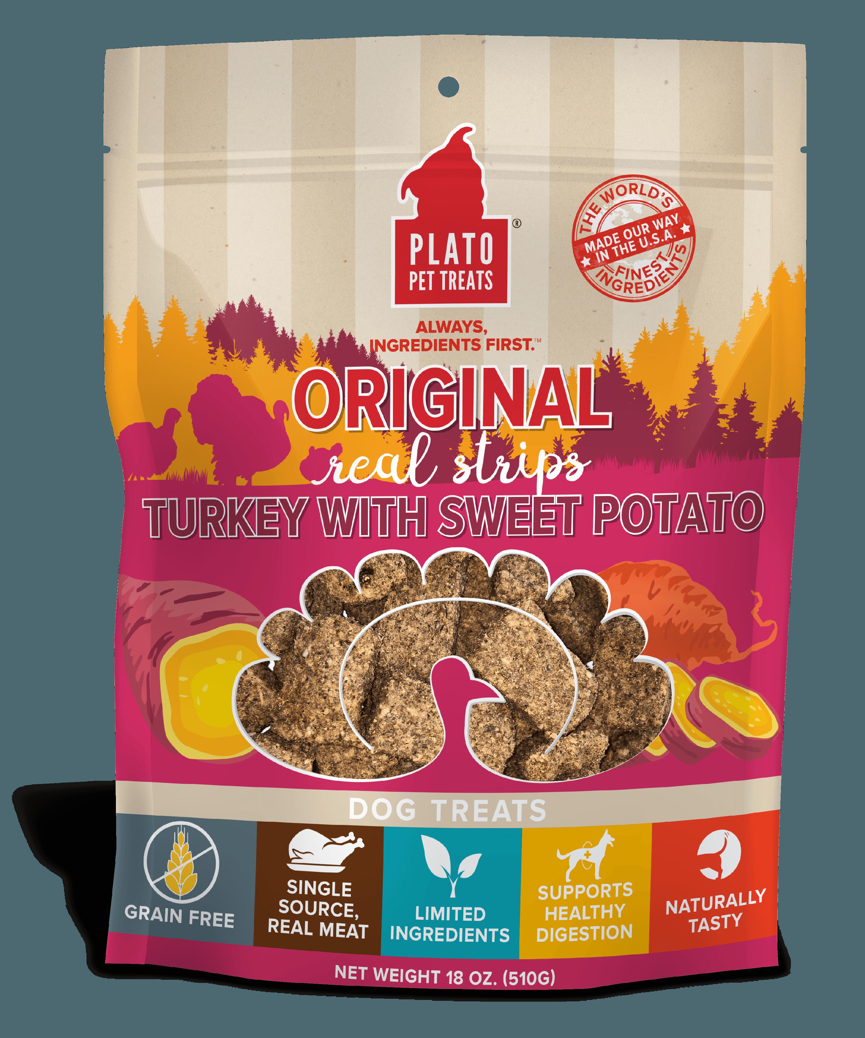Plato Pet Treats Grain-Free Original Real Strips Turkey & Sweet Potato Soft and Chewy Dog Treats - 18 oz Bag  