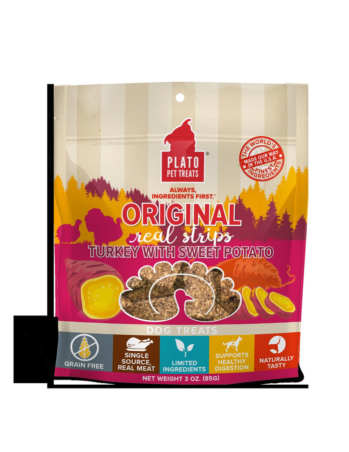 Plato Pet Treats Grain-Free Original Real Strips Turkey & Sweet Potato Soft and Chewy D...