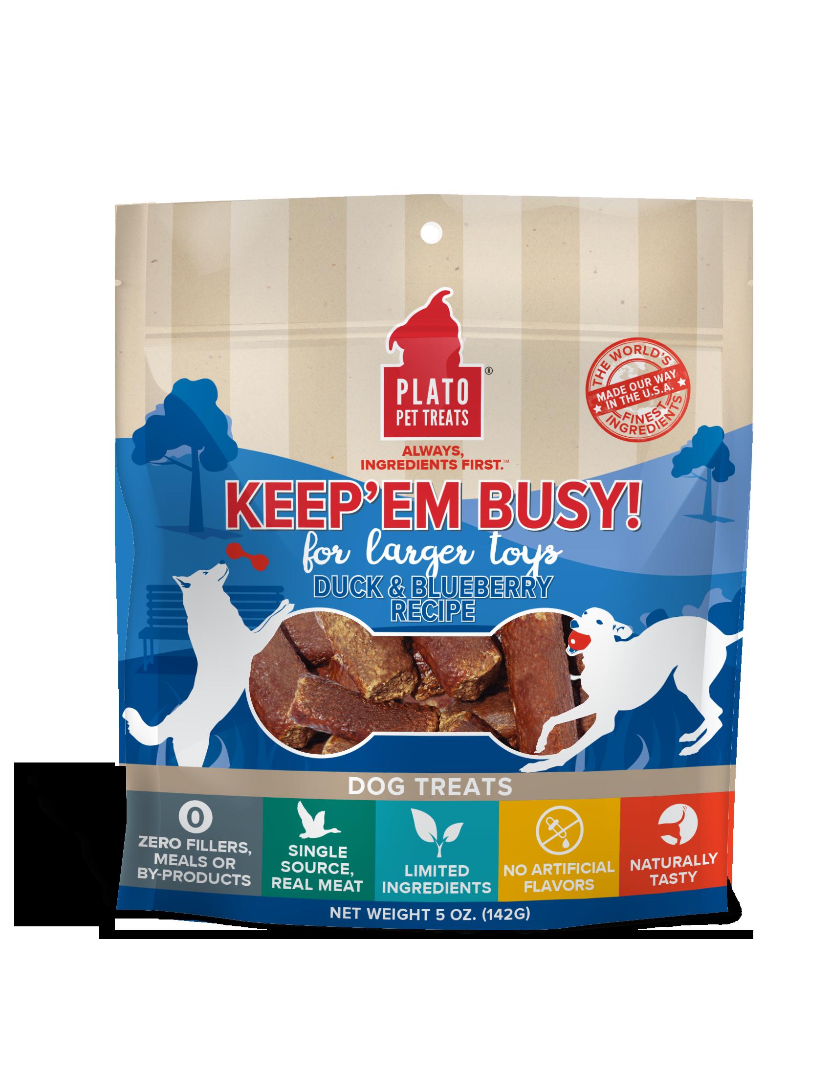 Plato Pet Treats Keep 'em Busy Duck & Blueberry Treats for Large Toys Dehydrated Dog Treats - 5oz Bag  