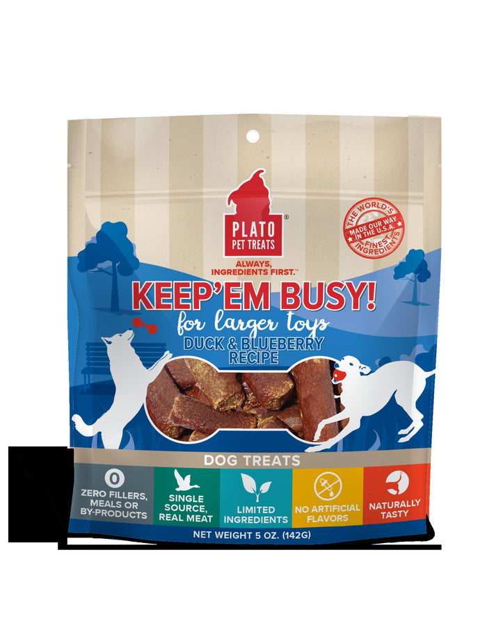 Plato Pet Treats Keep 'em Busy Duck & Blueberry Treats for Large Toys Dehydrated Dog Tr...
