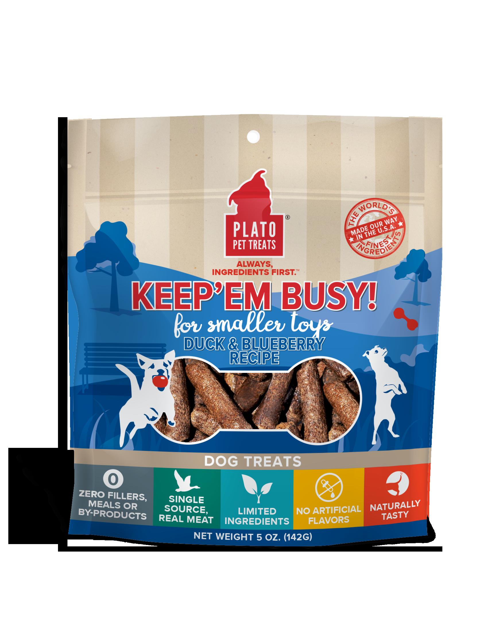 Plato Pet Treats Keep 'em Busy Duck & Blueberry Treats for Small Toys Dehydrated Dog Treats - 5oz Bag  