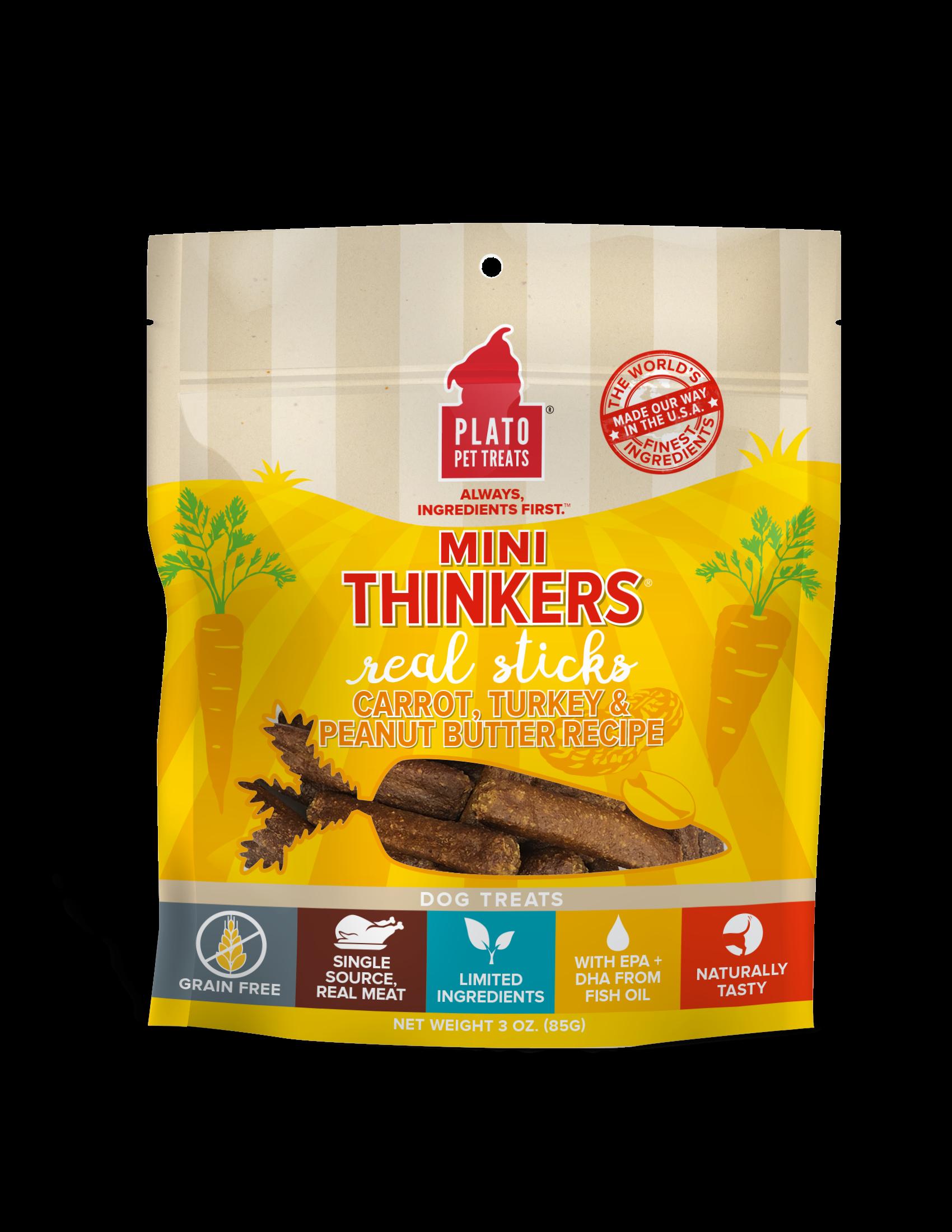 Plato Pet Treats Mini Thinkers Carrot Turkey & Peanut Butter Natural Dog Chews - 3 oz Bag  