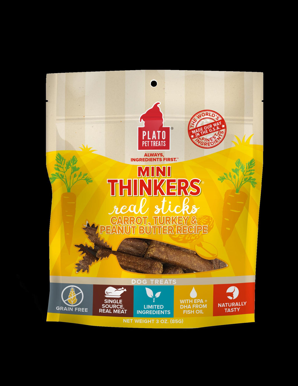 Plato Pet Treats Mini Thinkers Carrot Turkey & Peanut Butter Natural Dog Chews - 3 oz B...