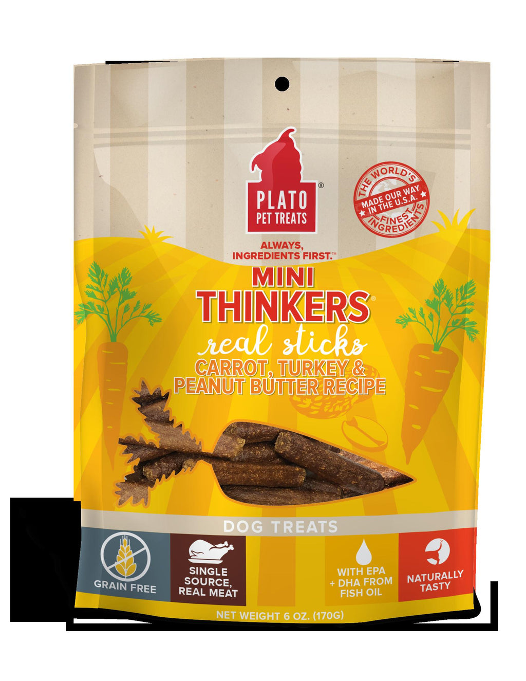 Plato Pet Treats Mini Thinkers Carrot Turkey & Peanut Butter Natural Dog Chews - 6 oz B...
