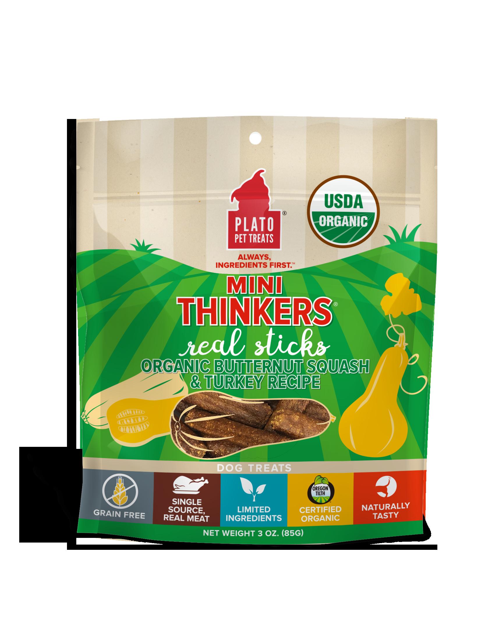 Plato Pet Treats Mini Thinkers Organic Butternut Squash & Turkey Natural Dog Chews - 3 oz Bag  