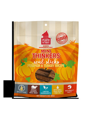 Plato Pet Treats Mini Thinkers Pumpkin & Turkey Natural Dog Chews - 3 oz Bag