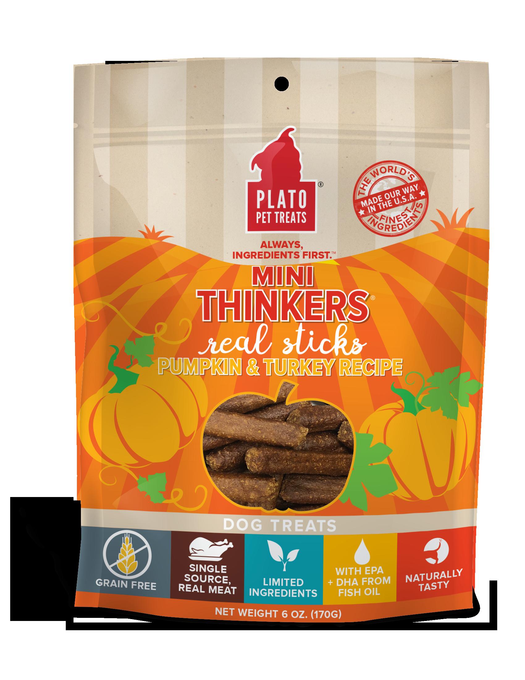 Plato Pet Treats Mini Thinkers Pumpkin & Turkey Natural Dog Chews - 6 oz Bag  