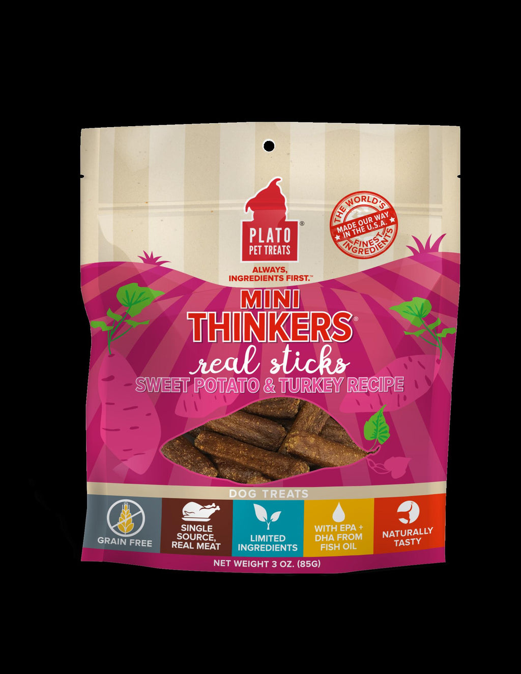 Plato Pet Treats Mini Thinkers Sweet Potato & Turkey Natural Dog Chews - 3 oz Bag  