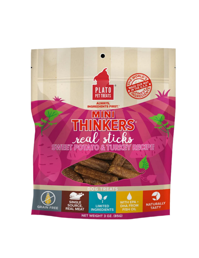 Plato Pet Treats Mini Thinkers Sweet Potato & Turkey Natural Dog Chews - 3 oz Bag