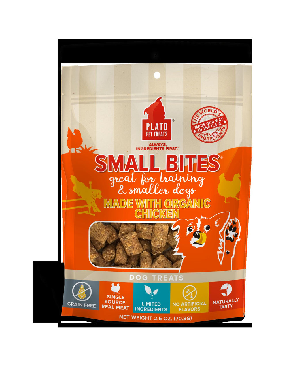 Plato Pet Treats Small Bites Organic Chicken Crunchy Dog Treats - 2.5 oz Bag  