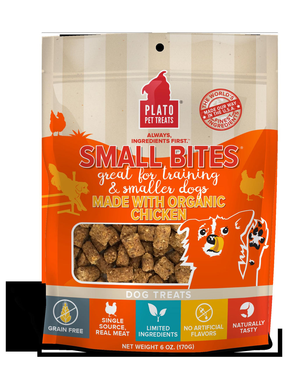 Plato Pet Treats Small Bites Organic Chicken Crunchy Dog Treats - 6 oz Bag  