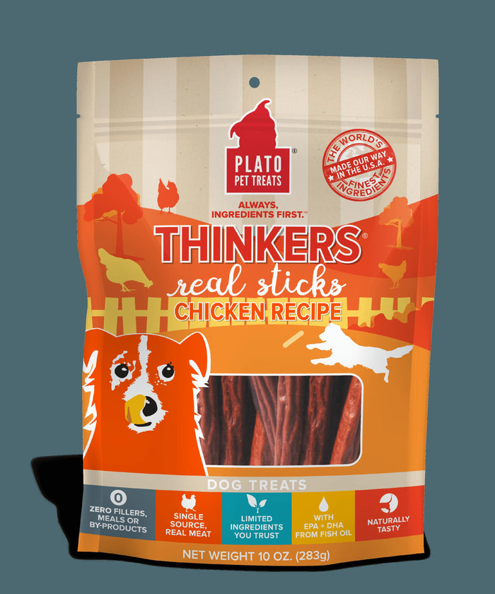 Plato Pet Treats Thinkers Chicken Sticks Natural Dog Chews - 10 oz Bag