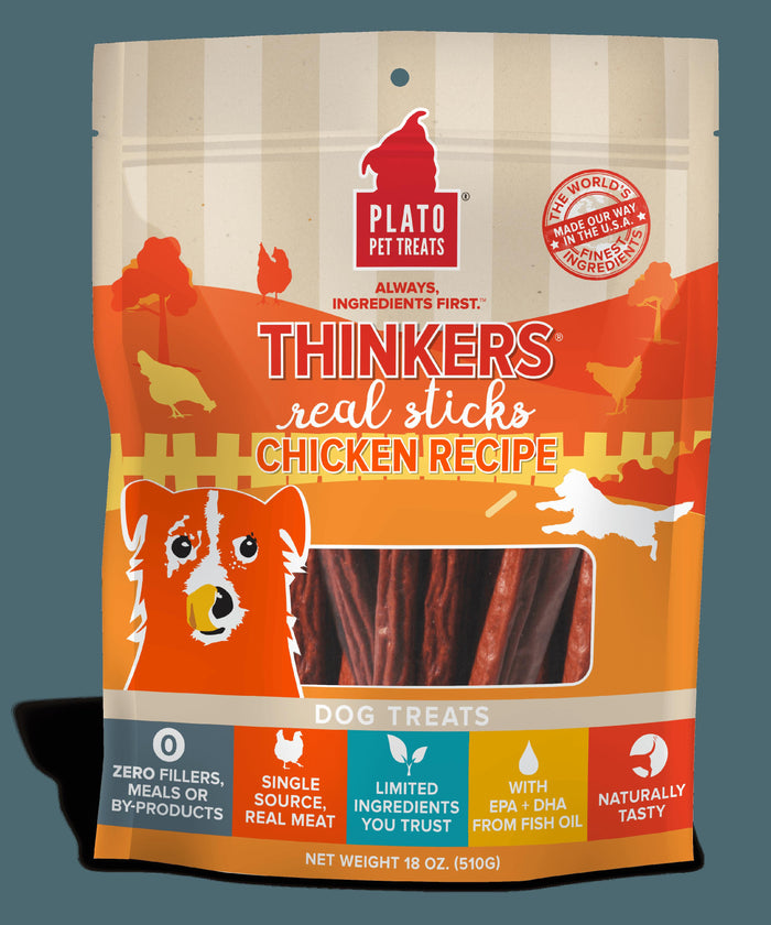 Plato Pet Treats Thinkers Chicken Sticks Natural Dog Chews - 18 oz Bag