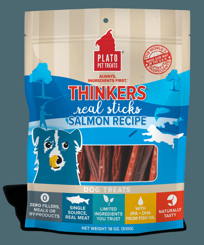 Plato Pet Treats Thinkers Salmon Sticks Natural Dog Chews - 18 oz Bag