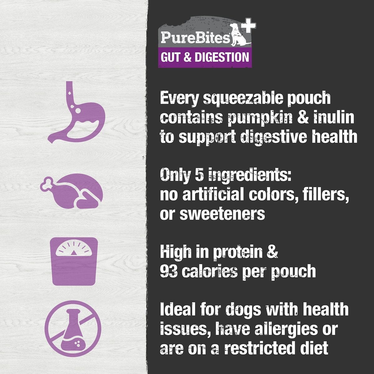 Purebites Gut & Digestion Squeezable Pouch Dog Food Toppings - 2.5 Oz Pouches - Case of 15  