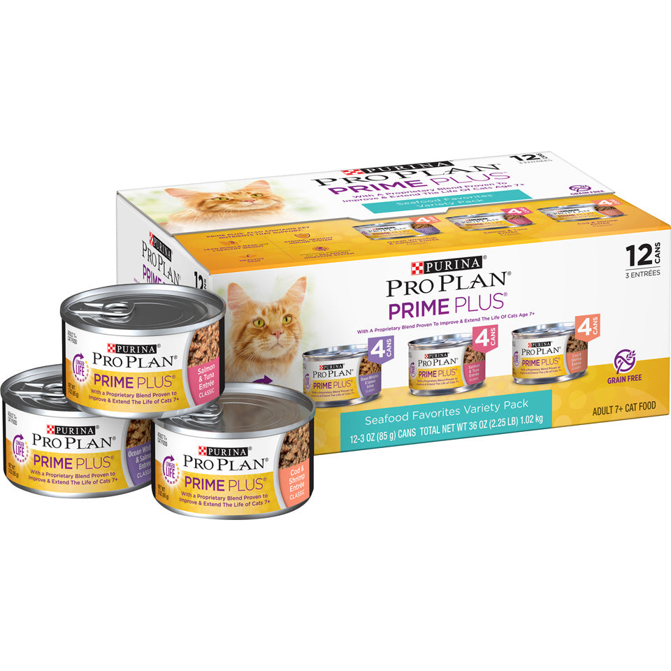 Purina Pro Plan Grain-Free Senior Pate Prime Plus Seafood Favorites Wet Cat Food Variety Pack  