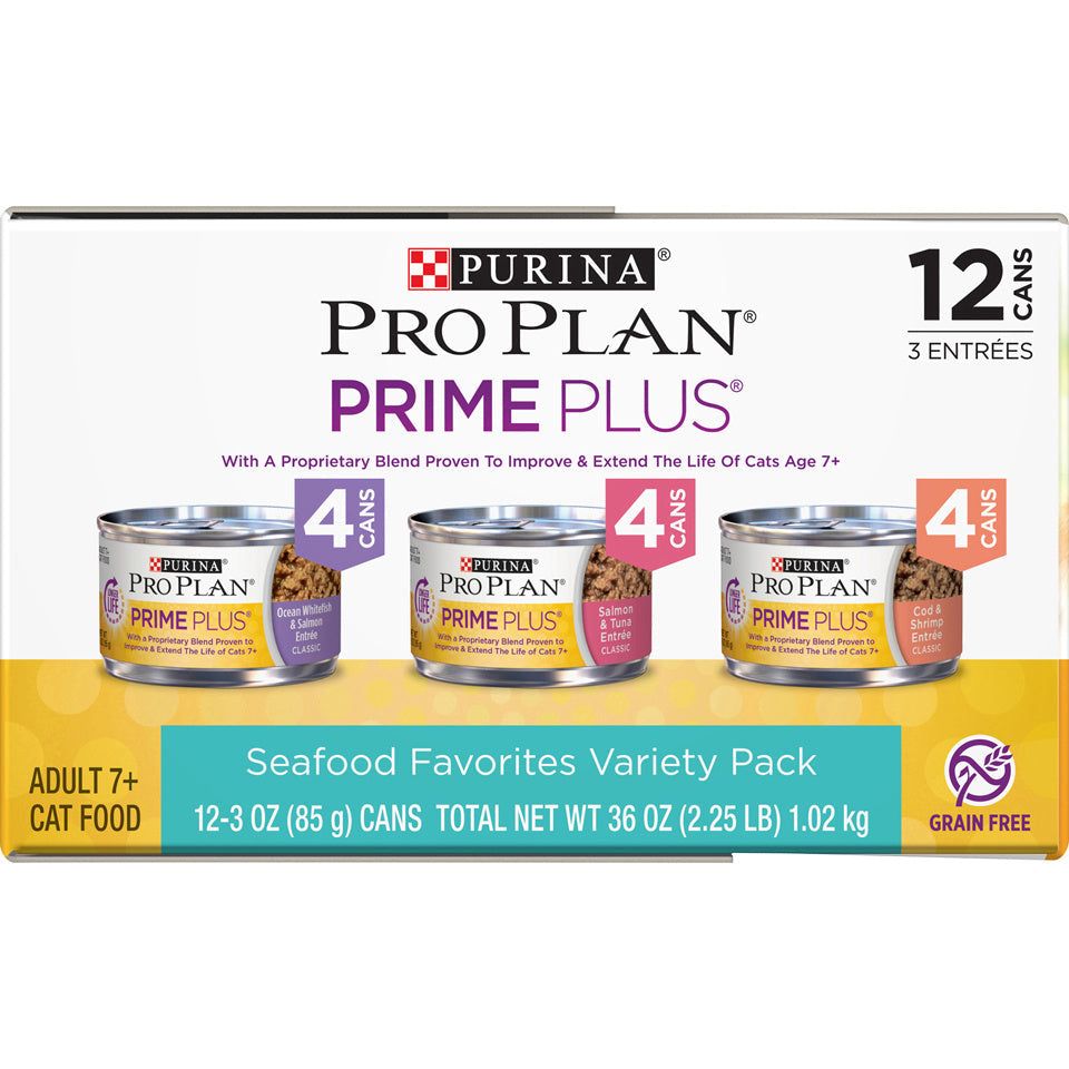 Purina Pro Plan Grain-Free Senior Pate Prime Plus Seafood Favorites Wet Cat Food Variety Pack  