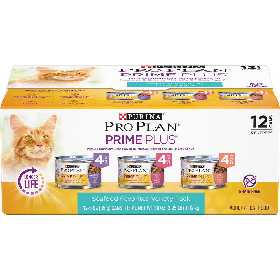 Purina Pro Plan Grain-Free Senior Pate Prime Plus Seafood Favorites Wet Cat Food Variety Pack  