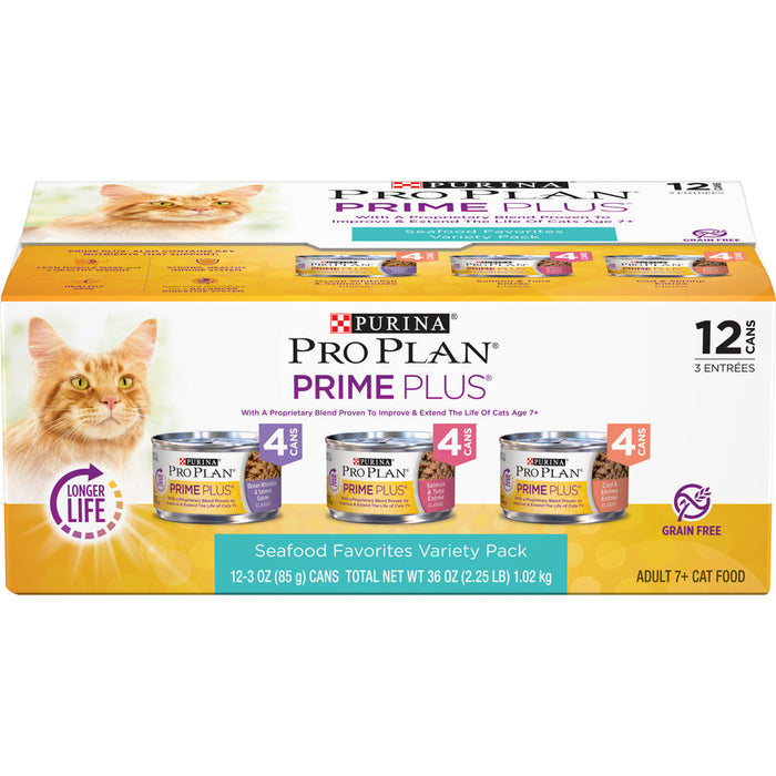 Purina Pro Plan Grain-Free Senior Pate Prime Plus Seafood Favorites Wet Cat Food Variet...